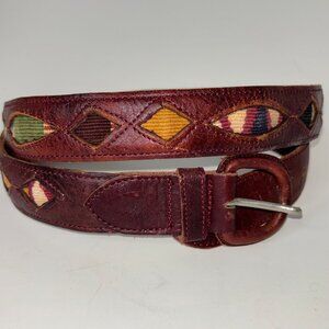 Brown Leather Belt with Multi Color Woven Insert Embroidery Boho 38